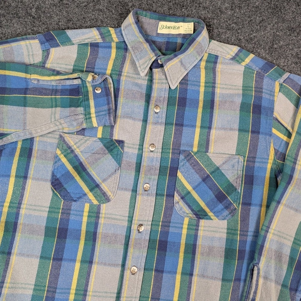 St Johns Bay Flannel Shirt Mens L Blue Green Plaid Milwaukee Brewers Patch USA